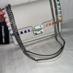 Karl Lagerfeld Paris White Rainbow Whipstitch Chain Shoulder Bag Rainbow Colors